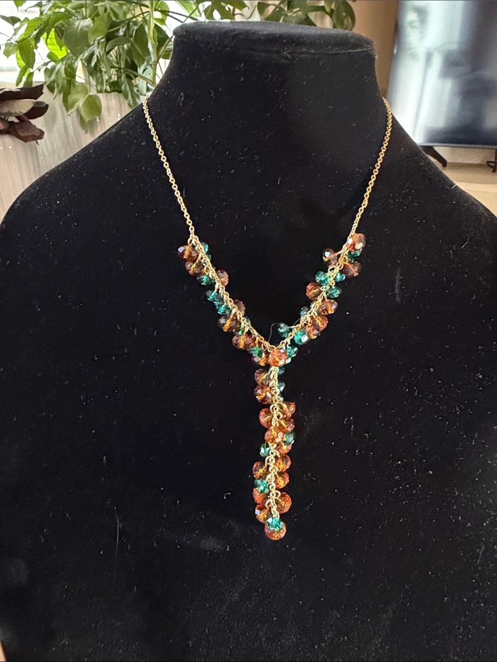 Gold-Tone Necklace with Turquoise and Amber Bead Clusters - Women's Jewelry